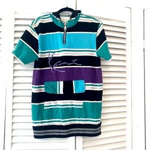 Kani size Large 80s style Surfer Stripe Kangaroo Pocket Cover Up Hooded T Shirt